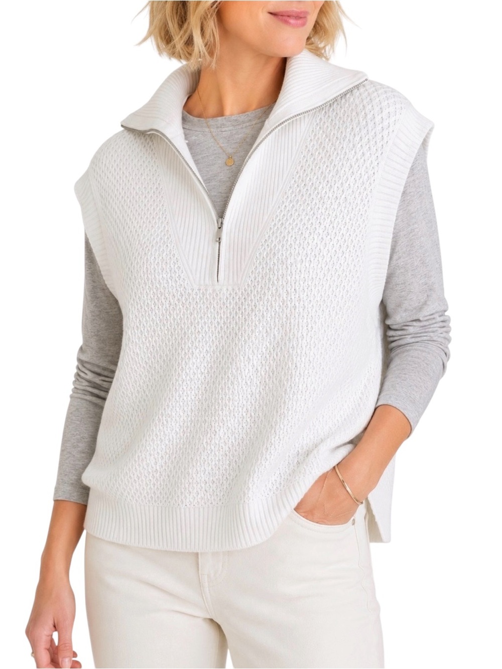 Scotch & Soda Amsterdam White Textured Knit Sweater Vest Half Zip Funnel Neck XL
